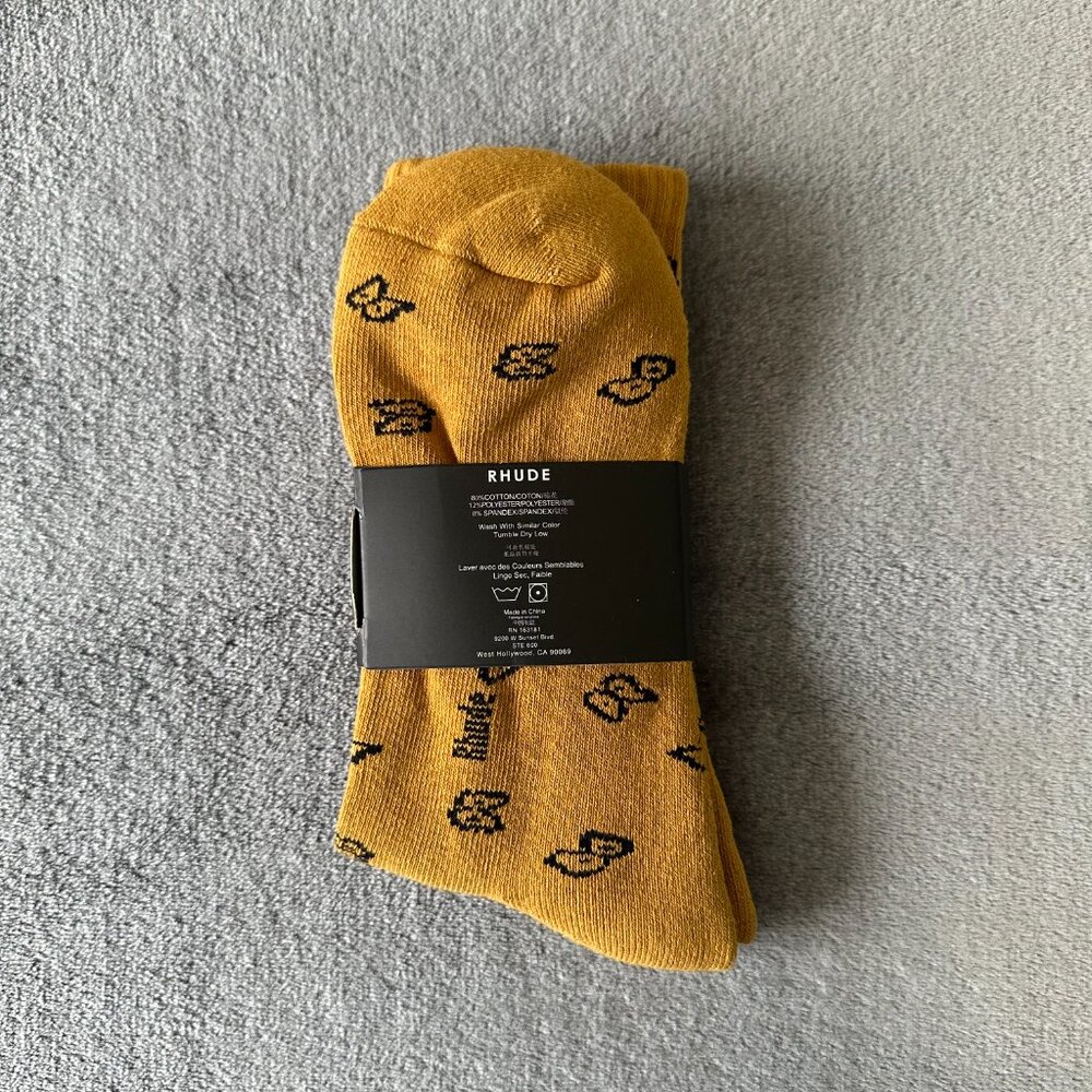 RHUDE Gold + Black Ribbed jacquard poly sock Bandana all over motif pattern - Picture 3 of 4